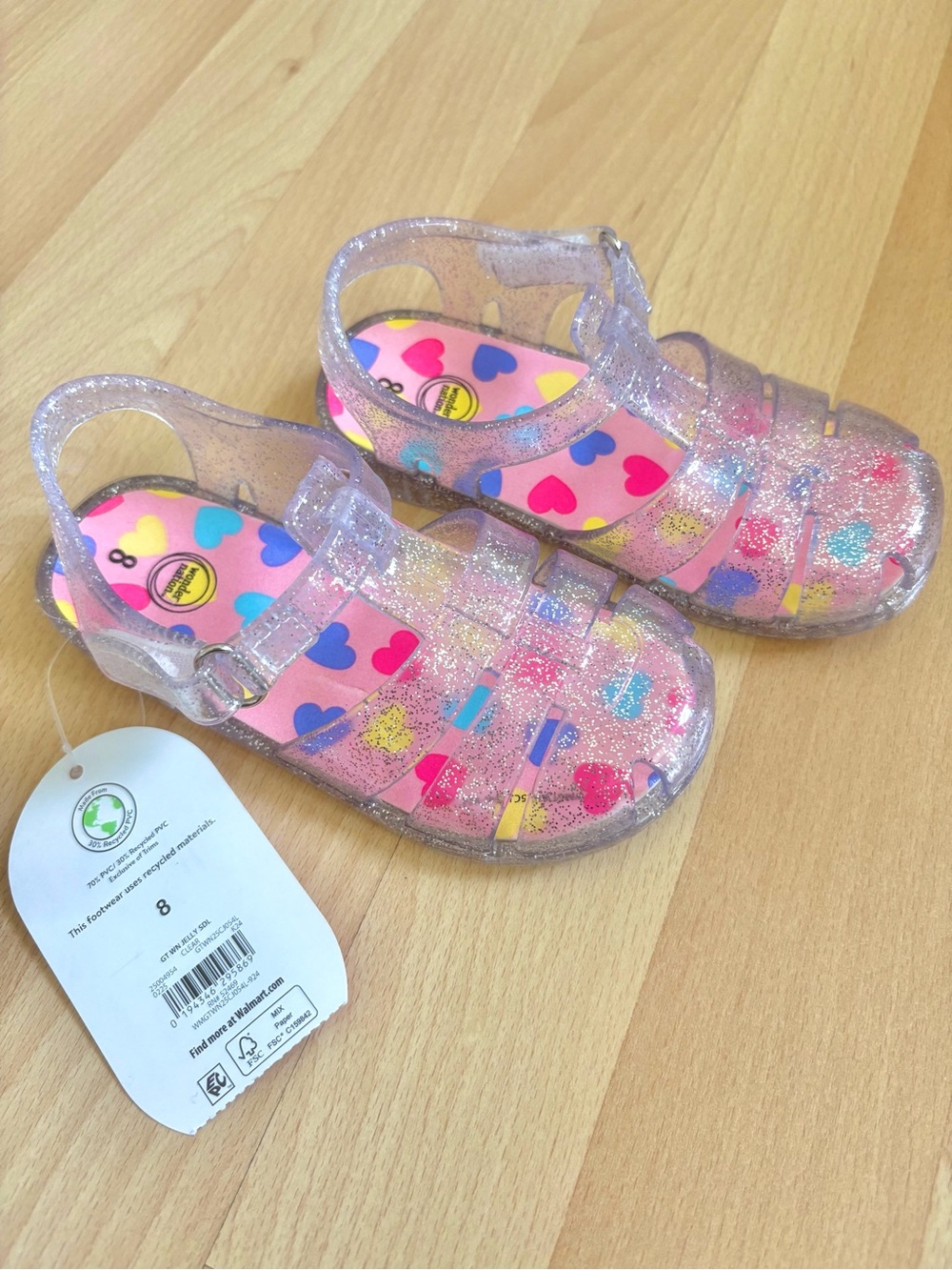 Pink Glitter Jelly Sandals with Hearts Size 8 Wonder Nation Summer Shoes